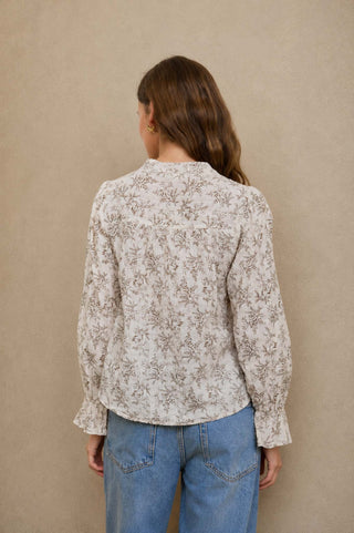 Leaf Split Neck Blouse with Ruffle Cuffs