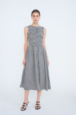 Smocked Gingham Tiered Sleeveless Midi Dress