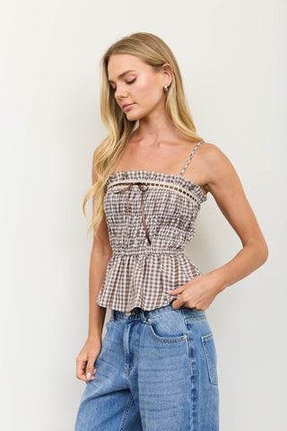 Smocked Gingham Lace Trim Top