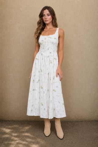 Cream Floral Eyelet Corset Midi Dress