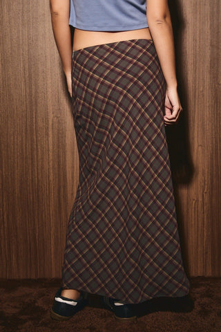 Mid Rise Bias Check Plaid Midi Skirt