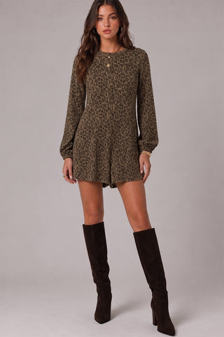 Mocha Leopard Print LS Pleated Romper