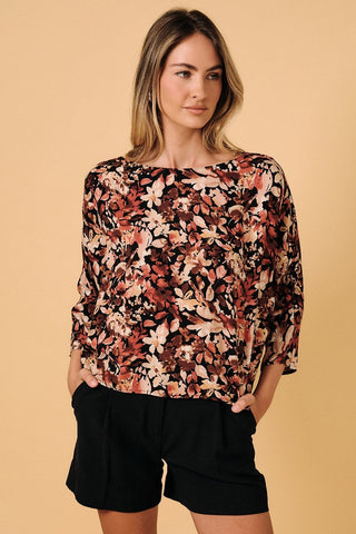 Floral Print Boat Neck Dolman Sleeve Top