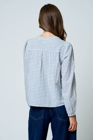Plaid Pintuck Detail Henley LS Top