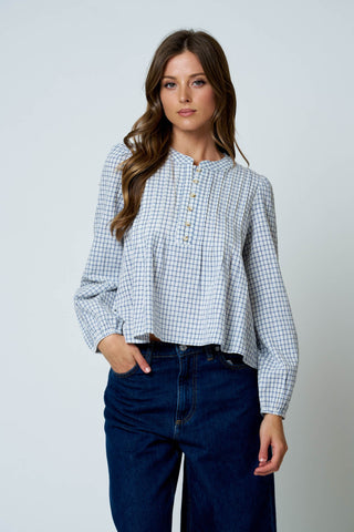 Plaid Pintuck Detail Henley LS Top