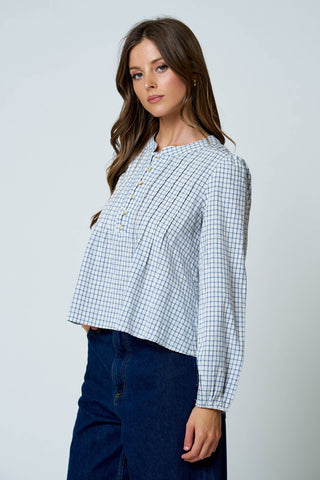 Plaid Pintuck Detail Henley LS Top