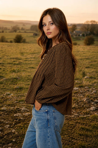 Plaid Pintuck Detail Henley LS Top