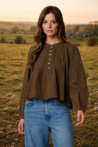Plaid Pintuck Detail Henley LS Top