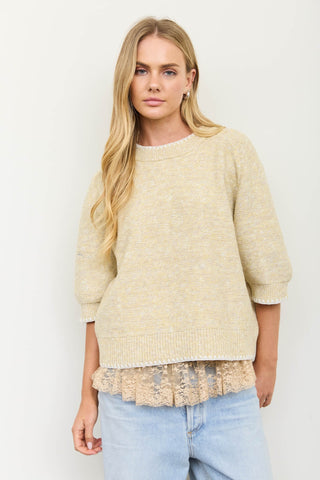 Heathered Contrast Trim SS Knit Sweater