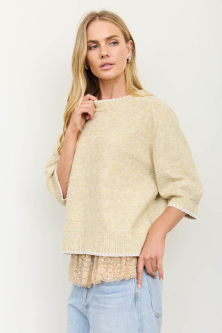 Heathered Contrast Trim SS Knit Sweater