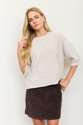 Heathered Contrast Trim SS Knit Sweater