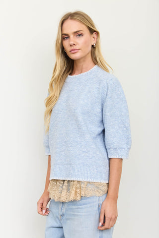 Heathered Contrast Trim SS Knit Sweater