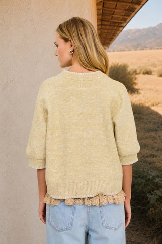 Heathered Contrast Trim SS Knit Sweater