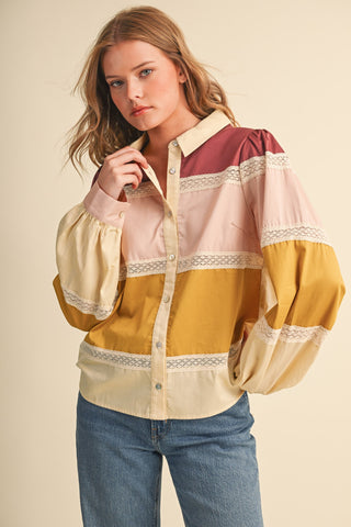 Lace Trim Color Block Button Up Top