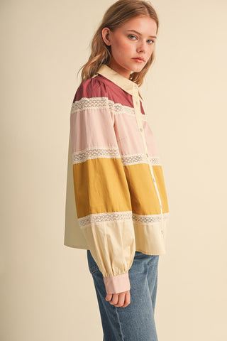 Lace Trim Color Block Button Up Top