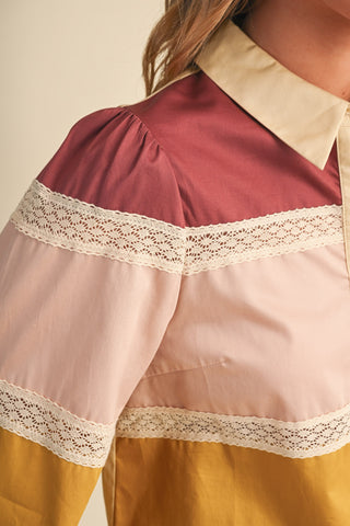 Lace Trim Color Block Button Up Top