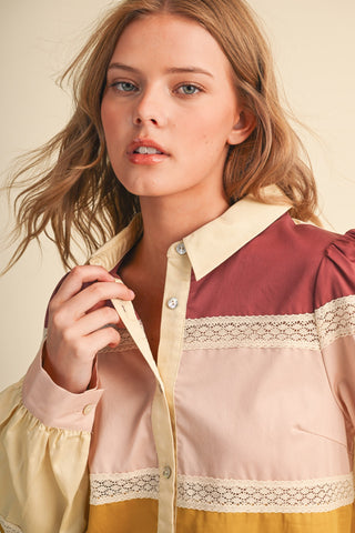 Lace Trim Color Block Button Up Top
