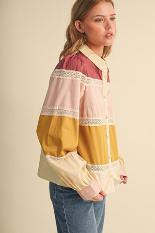 Lace Trim Color Block Button Up Top