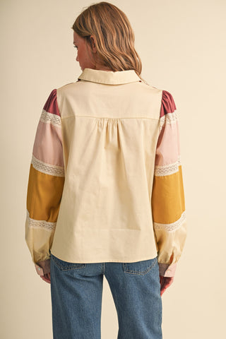 Lace Trim Color Block Button Up Top