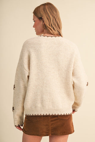 Scalloped Edge Floral Embr Sweater
