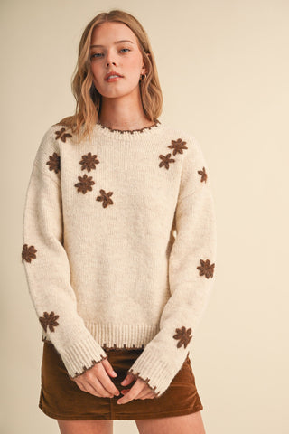 Scalloped Edge Floral Embr Sweater