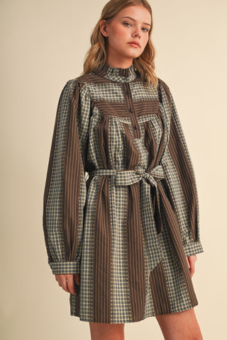 Checkered & Striped Belted Mini Dress