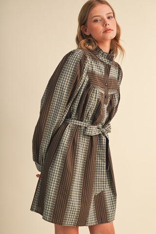 Checkered & Striped Belted Mini Dress