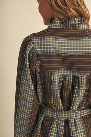 Checkered & Striped Belted Mini Dress