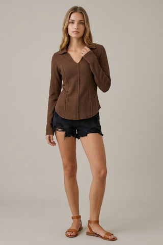 Seam Detail Collar Long Sleeve Top