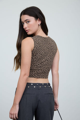 Leopard Print Sleeveless Cropped Knit Top