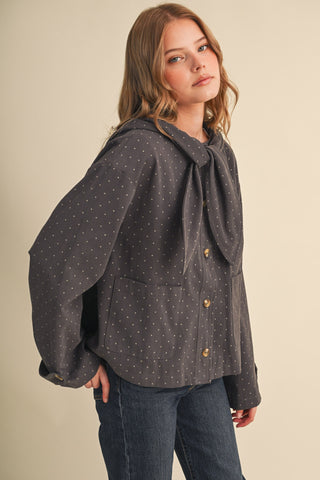 Charcoal Dot Hooded Scarf Tie Cropped Jacket