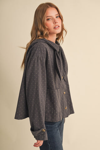 Charcoal Dot Hooded Scarf Tie Cropped Jacket