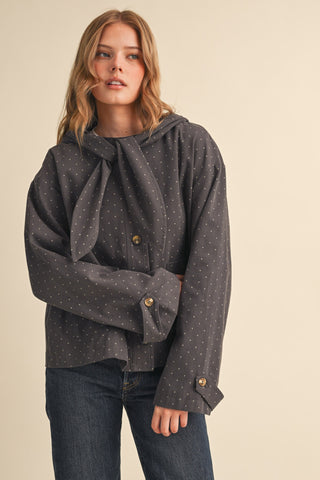 Charcoal Dot Hooded Scarf Tie Cropped Jacket