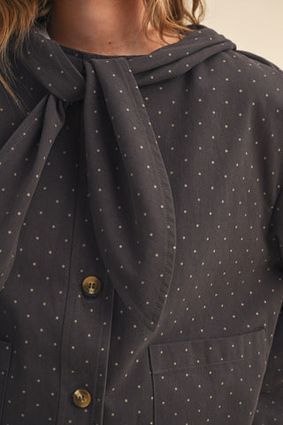 Charcoal Dot Hooded Scarf Tie Cropped Jacket