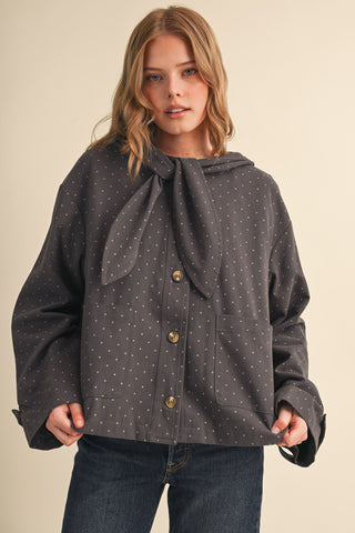 Charcoal Dot Hooded Scarf Tie Cropped Jacket