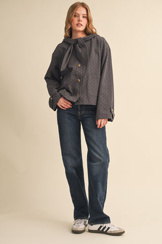 Charcoal Dot Hooded Scarf Tie Cropped Jacket