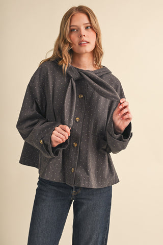 Charcoal Dot Hooded Scarf Tie Cropped Jacket