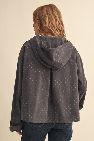 Charcoal Dot Hooded Scarf Tie Cropped Jacket