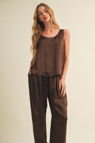 Chocolate Brown Stepped Hem Hammered Satin Top