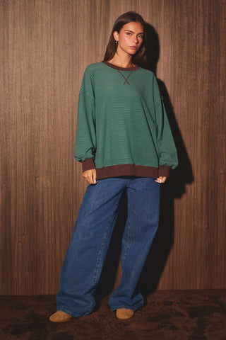 Striped Contrast Trim Oversized Pullover Sweatshirt