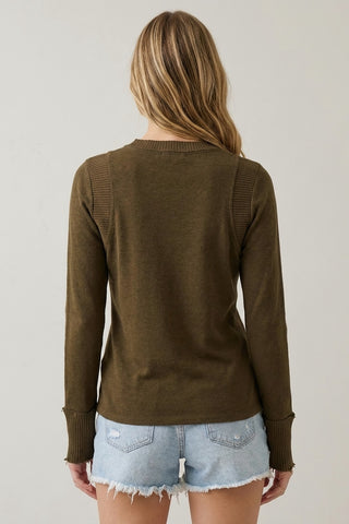Chocolate Fabric Mixed Raw Edge LS Tee