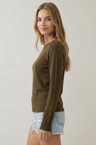 Chocolate Fabric Mixed Raw Edge LS Tee