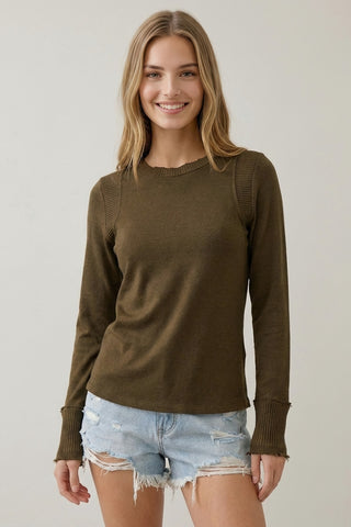 Chocolate Fabric Mixed Raw Edge LS Tee