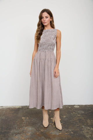 Smocked Gingham Tiered Sleeveless Midi Dress