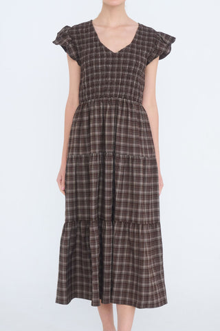 Plaid V Neck Smocked Midi Dress