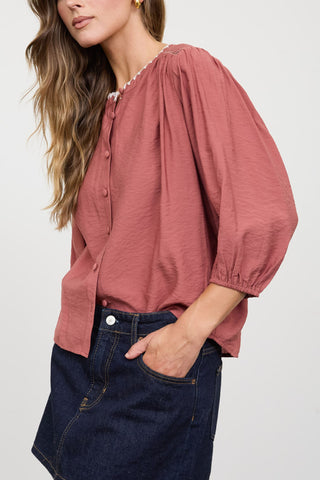 Maroon Contrast Stitch Button-Down Top