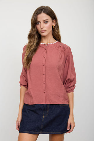Maroon Contrast Stitch Button-Down Top
