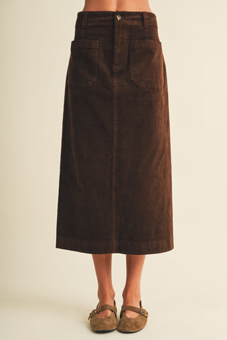 Brown Corduroy Patch Pocket Midi Skirt