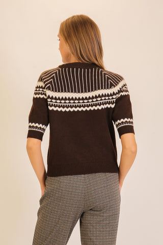 Brown Fair Isle Mock Neck Short Sleeve Knit Sweater