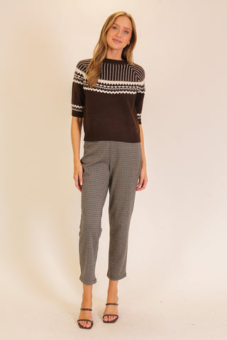 Brown Fair Isle Mock Neck Short Sleeve Knit Sweater